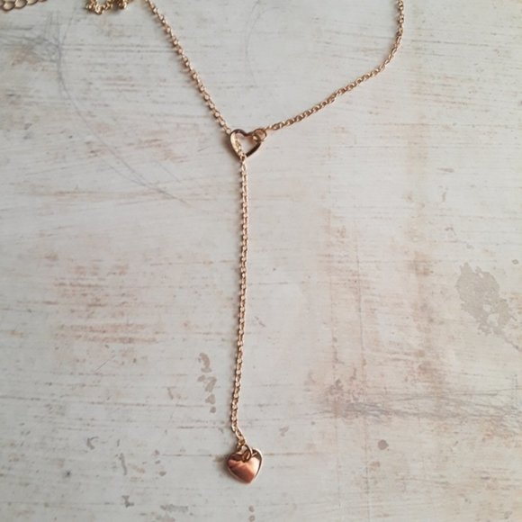 Double Heart Lariat Dainty Gold Minimalist Necklace - Picture 6 of 8